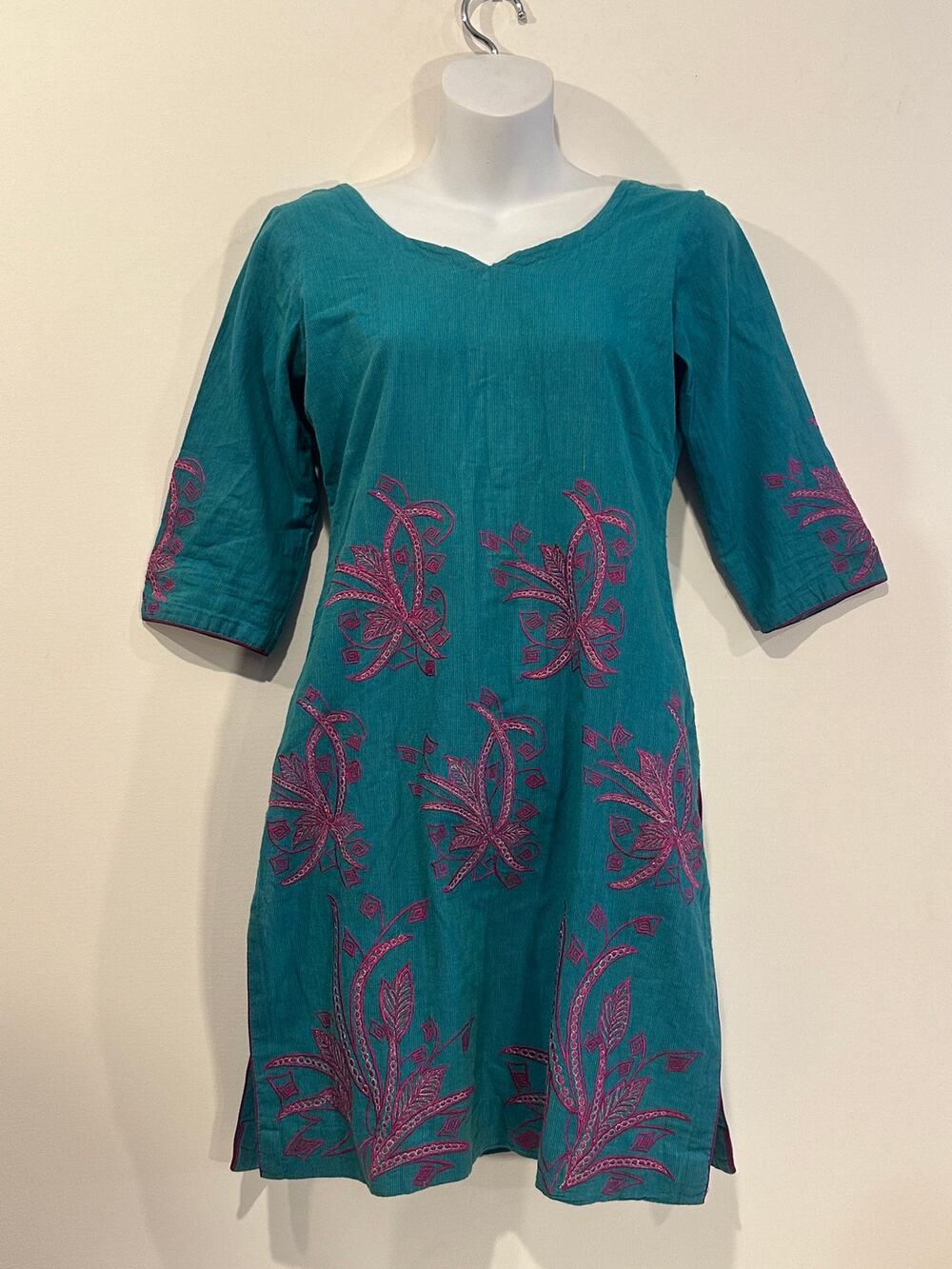 Vintage Y2K Teal Blue Corduroy Hot Pink Embroidered Kurta Tunic Dress S
